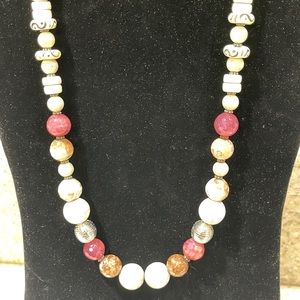 Homemade beaded necklace 12 inches has cranberry colored and silver beads